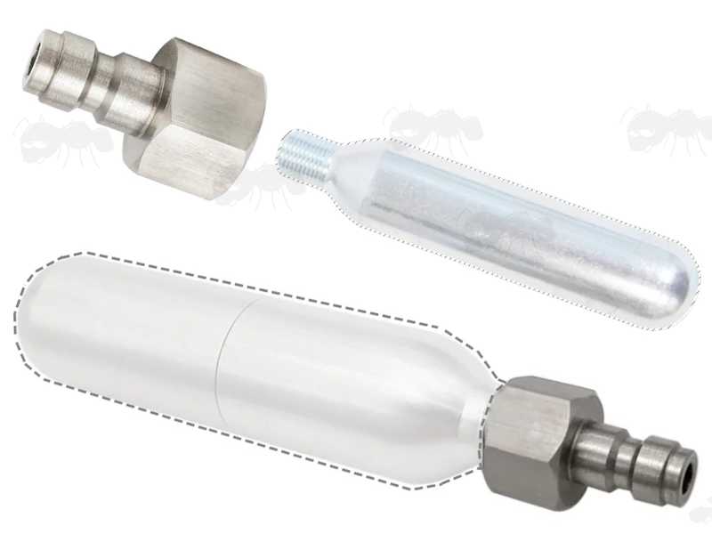 Small Threaded CO2 Capsules To 8mm Quick-Attach Plug Adapter, Shown Fitted to a Disposable and a Refillable Capsule