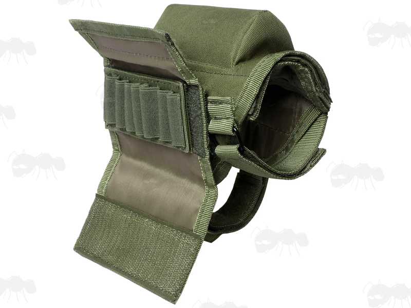 Green Rifle / Shotgun Cheek Rest Ammo Holder Shown with Ammo Wallet Flap Opened