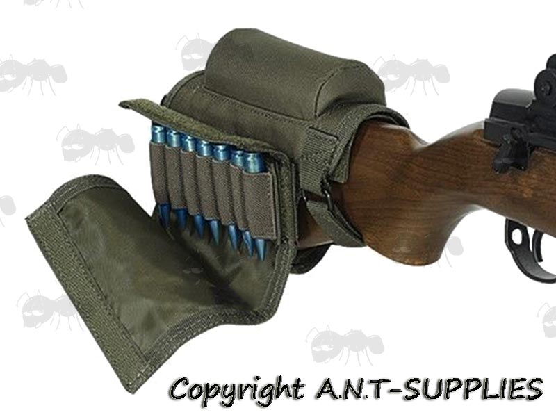 Green Rifle / Shotgun Cheek Rest Ammo Holder with Comb Raiser on Wooden Stock