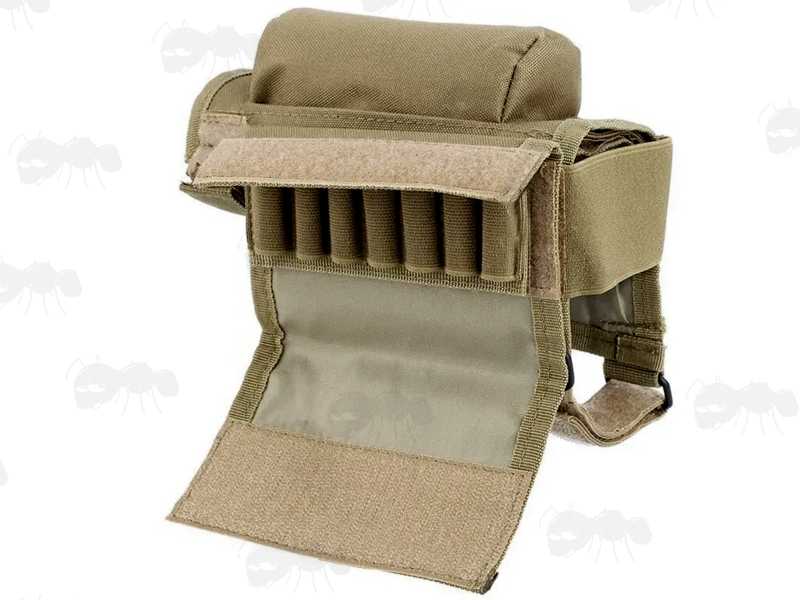 Tan Rifle / Shotgun Cheek Rest Ammo Holder with Comb Raiser, Shown with Ammo Flap Opened