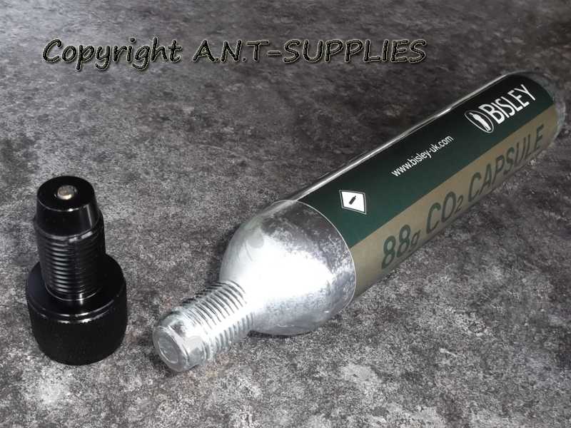 Large 88g Bisley Co2 Capsule with M16x1.5mm Threaded Fitting End, with One Way Air Saver Valve Adapter Fitted