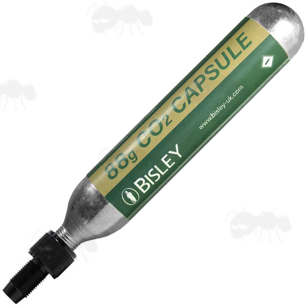 Large 88g Bisley Co2 Capsule with M16x1.5mm Threaded Fitting End, with a Black One Way Black Air Saver Valve Adapter Fitted