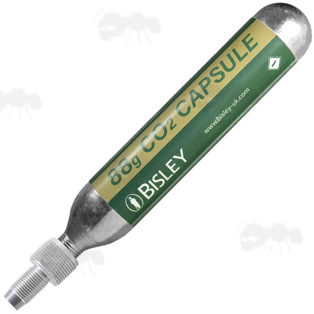 Large 88g Bisley Co2 Capsule with M16x1.5mm Threaded Fitting End, with a Silver Coloured One Way Air Saver Valve Adapter Fitted