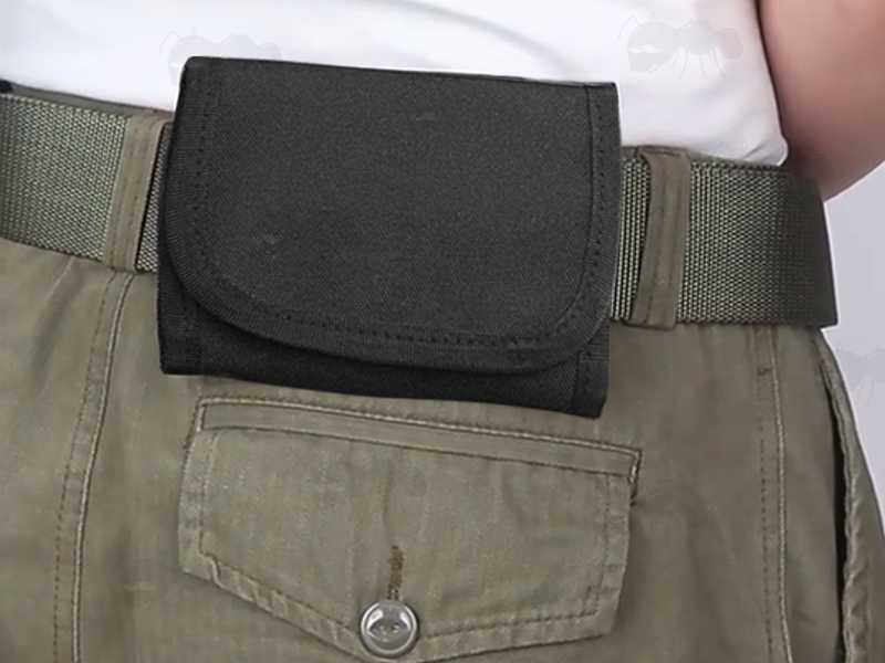 Black Canvas Rifle Cartridge Wallet, Shown Being Worn on Trouser Belt