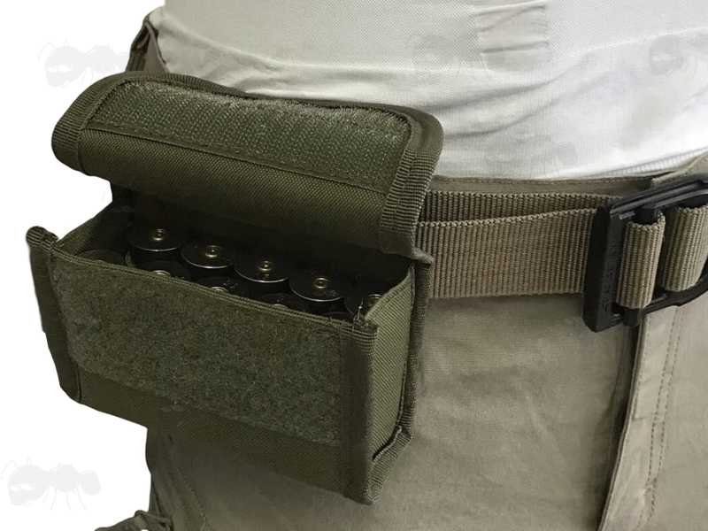 Green Canvas Shotgun Cartridge Pouch for 10 Shells, Shown Being Worn on Trouser Belt