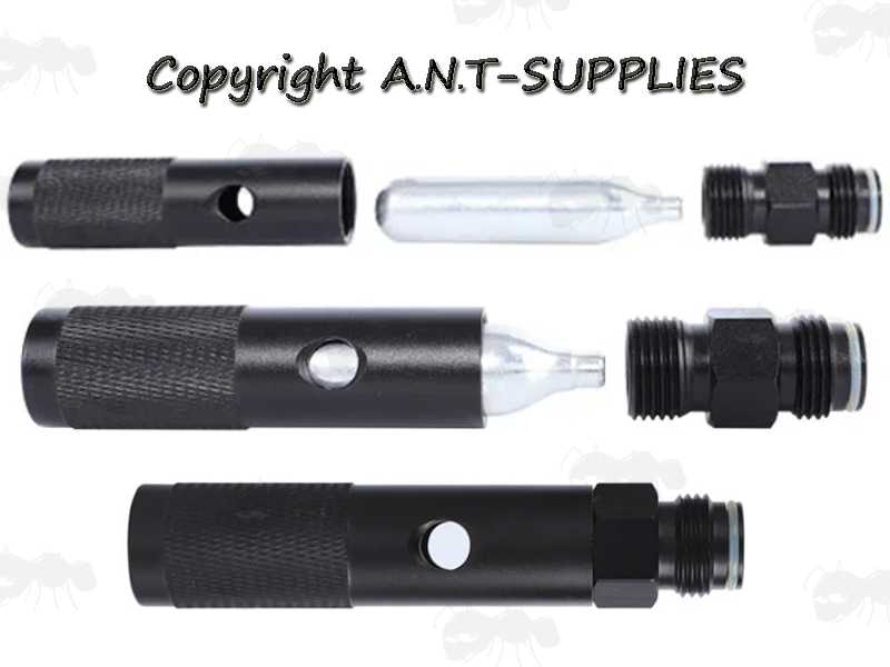 12g Co2 Capsule to Paintball Tank Adapters, Shown with 12g Co2 Capsule Being Fitted