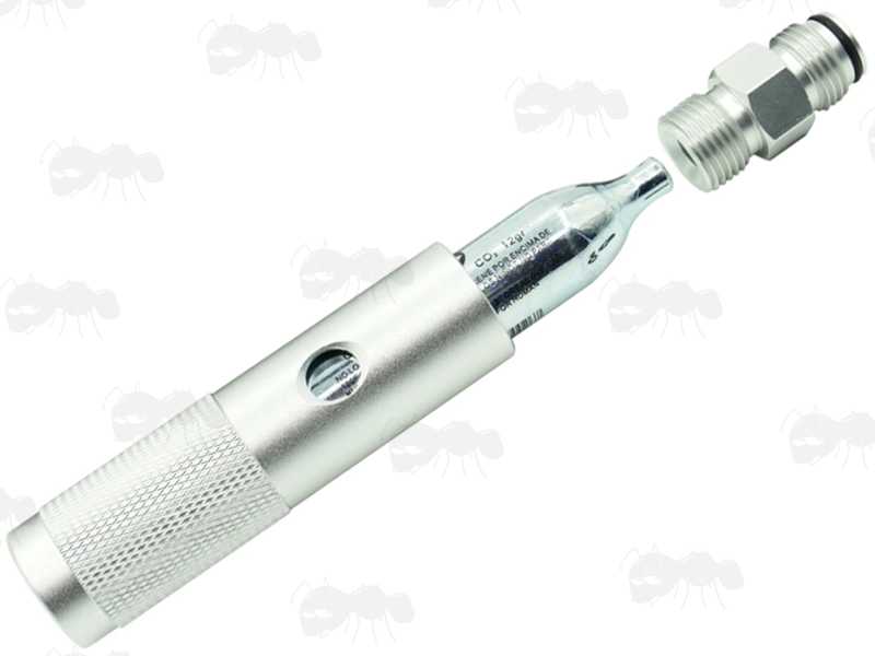 12g Co2 Capsule to Paintball Tank Adapter, Shown with 12g Co2 Capsule Being Fitted