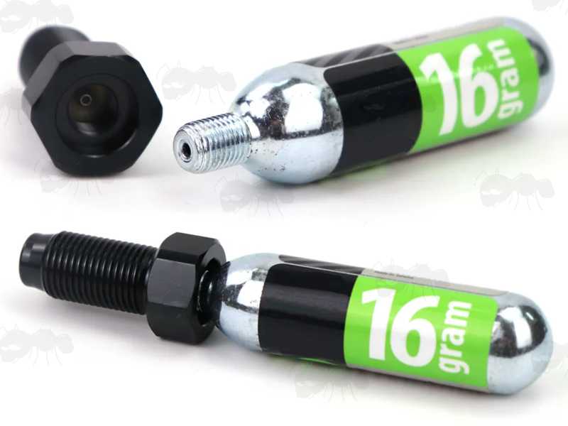 Black 12g Co2 Capsule to 88g Adapter, Shown with and Fitted to a 16g Threaded Capsule