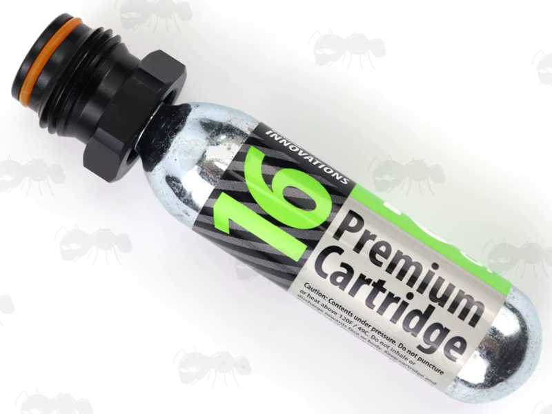 Threaded 8g / 12g / 16g / 25g Co2 Capsule to ASA Paintball Thread Adapter, Shown Fitted with a 16g Capsule