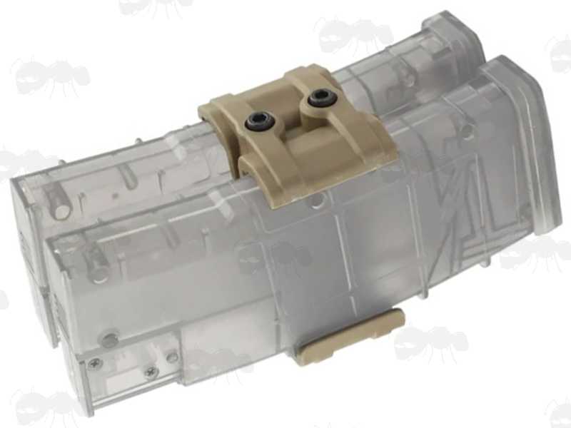 AR P-Mag Tan Polymer Double Magazine Clamp, Shown Fitted to Two Black Magazines