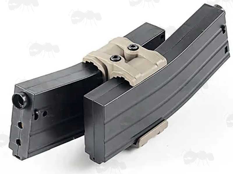 AR P-Mag Tan Polymer Double Magazine Clamp, Shown Fitted to Two Black Magazines