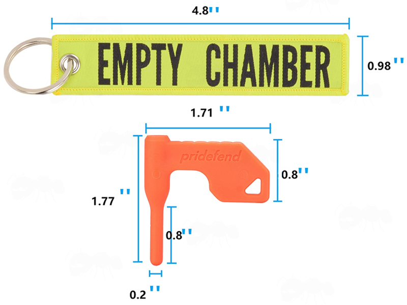 Orange Plastic Empty Gun Chamber Safety Plug Fitted with Yellow Canvas Flag Keychain with Black Embroidered Empty Chamber Text