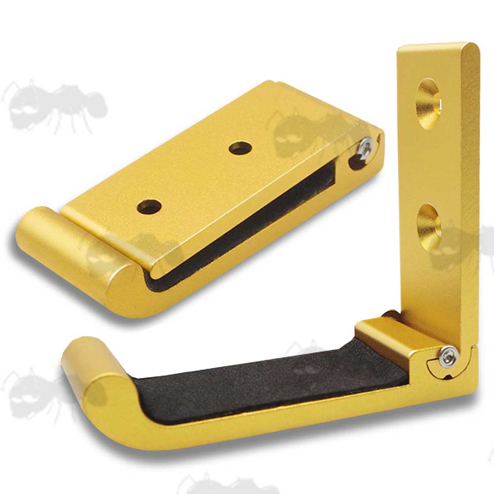 Pair of Gold Metal 90 Degree Folding Gun Display Wall Mounted Hooks With Padded Sections