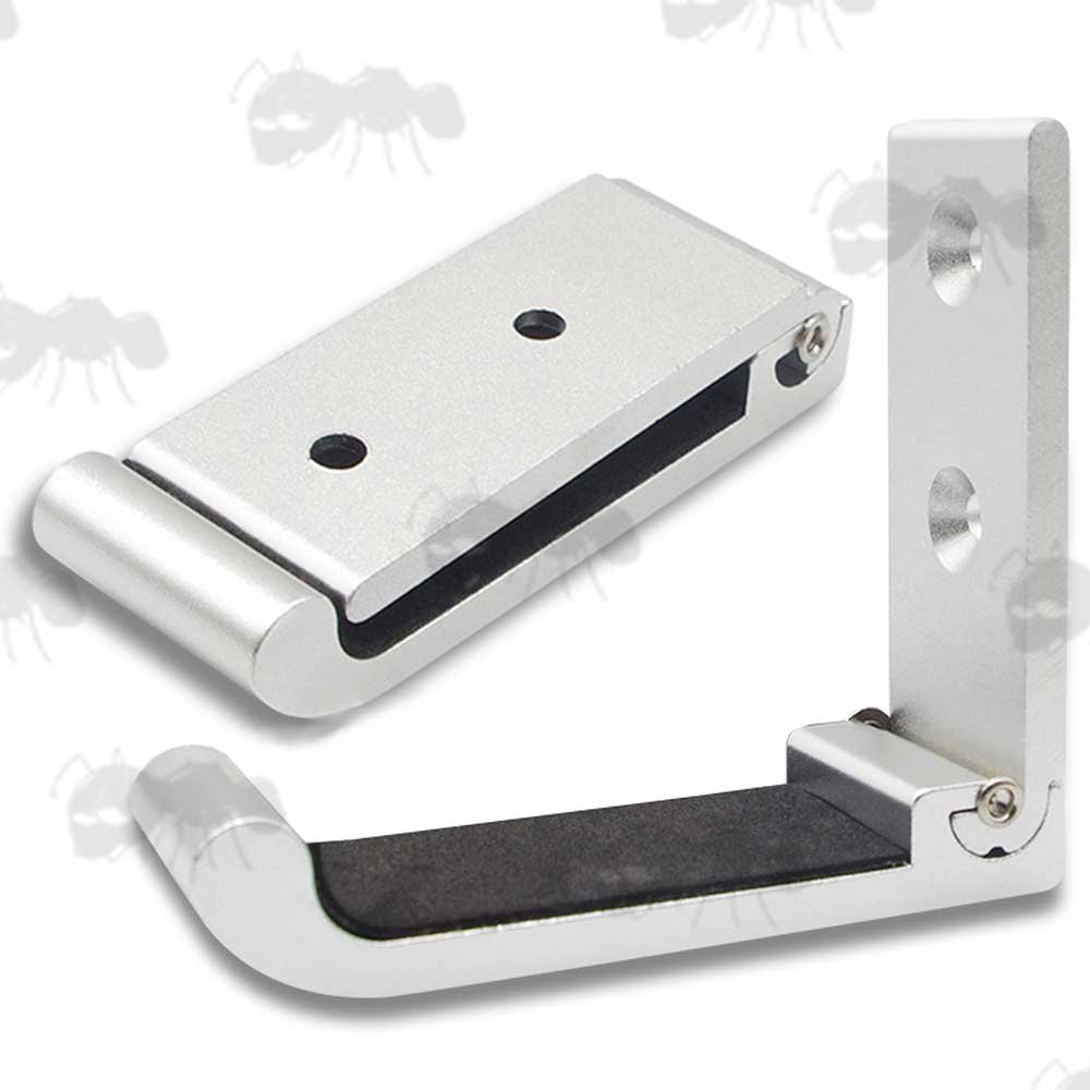 Pair of Silver Metal 90 Degree Folding Gun Display Wall Mounted Hooks With Padded Sections