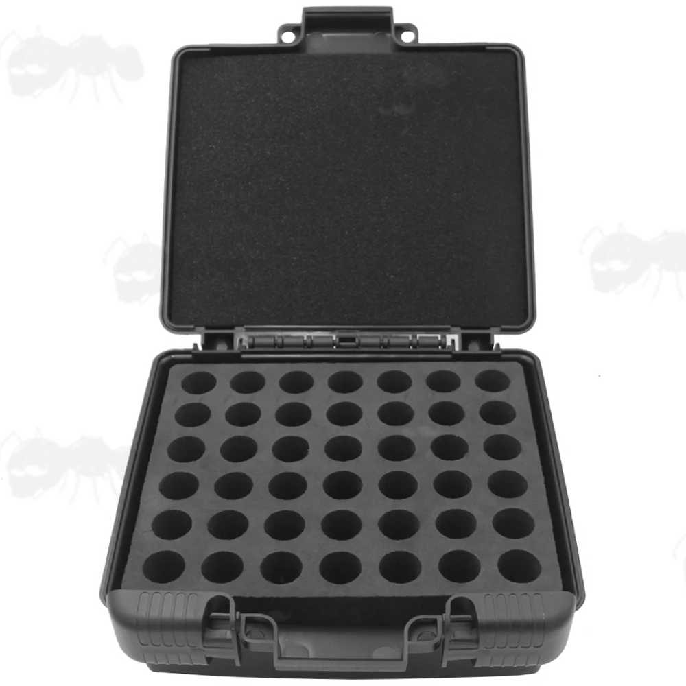 Open View of The Black Hard Plastic Gun Ammo Case with Loading Insert Tray for Forty-Two 10/12/20 Gauge Shotgun Cartridges
