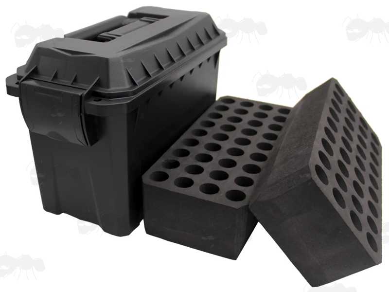 Open View of The Black Hard Plastic Gun Ammo Case with Two Loading Insert Trays for Seventy-Two 10/12/20 Gauge Shotgun Cartridges