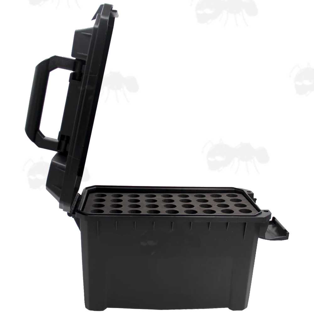 Open View of The Black Hard Plastic Gun Ammo Case with Two Loading Insert Trays for Seventy-Two 10/12/20 Gauge Shotgun Cartridges