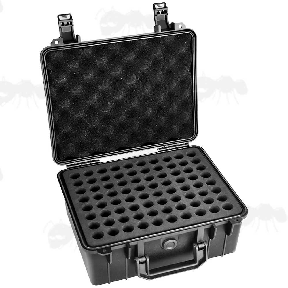 Open View of The Black Hard Plastic Gun Ammo Case with Loading Insert Tray for Eighty 10/12/20 Gauge Shotgun Cartridges