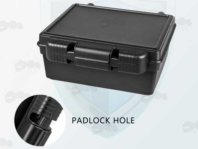 Closed View of The Black Hard Plastic Gun Ammo Case, with Close-Up of The Padlock Hole