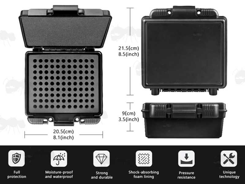 Dimensions and Features of the The Black Hard Plastic Gun Ammo Case with Loading Insert Tray for 99 x .223 / 5.56mm Calibre Cartridges