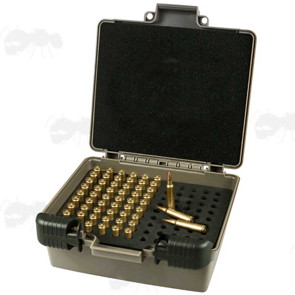 Open View of The Green Hard Plastic Gun Ammo Case with Loading Insert Tray for 99 x .223 / 5.56mm Calibre Cartridges