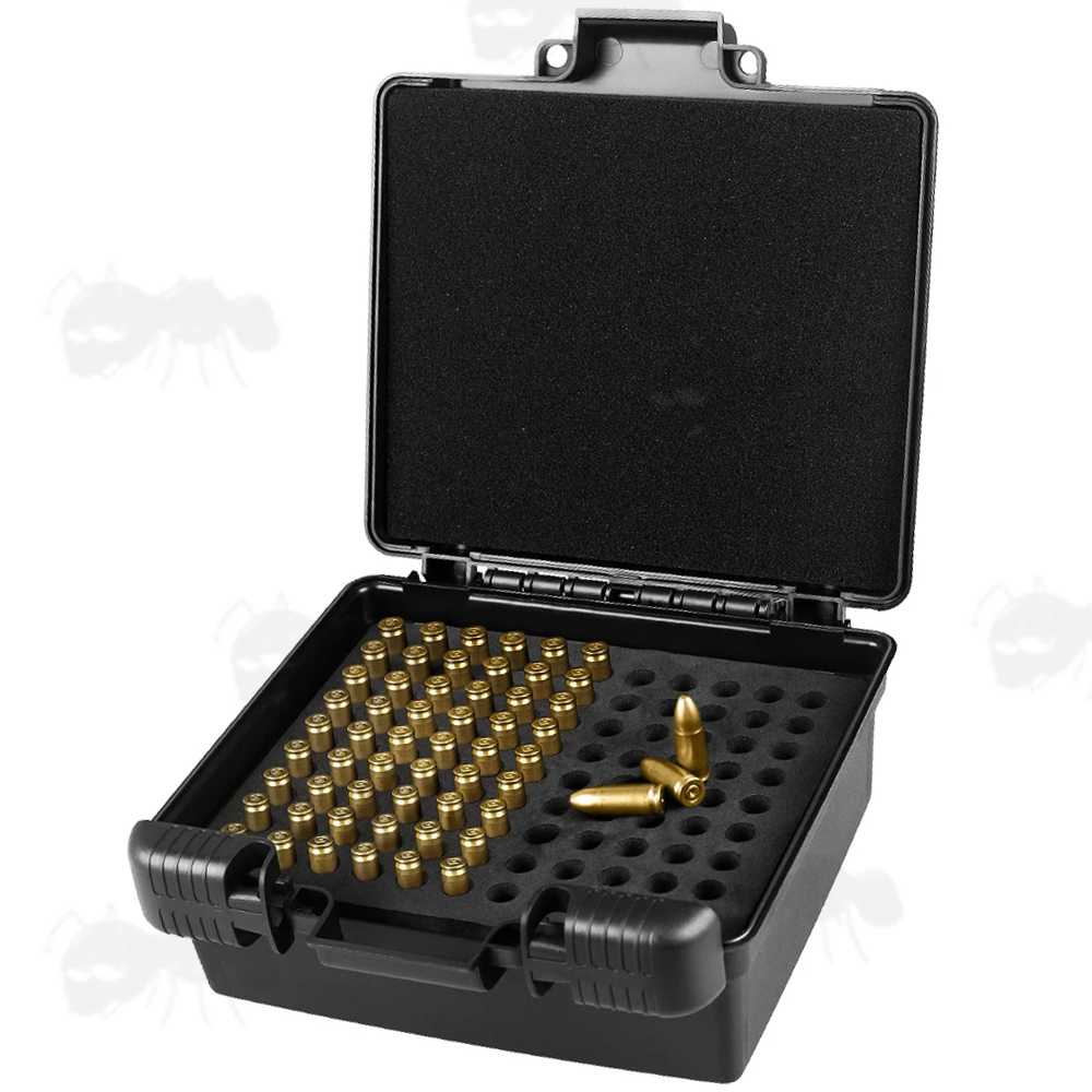 Open View of The Black Hard Plastic Gun Ammo Case with Loading Insert Tray for 9mm Calibre Cartridges
