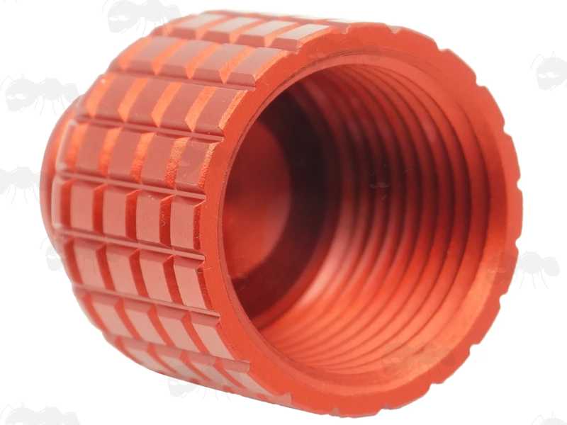 View of The Inner Threads on The Red Anodised Metal Thread Protector Cap for HPA Tanks and CO2 Cylinder Regulators