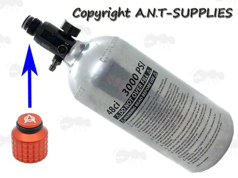 Red Anodised Metal Thread Protector Cap, Shown with a Silver HPA Tank