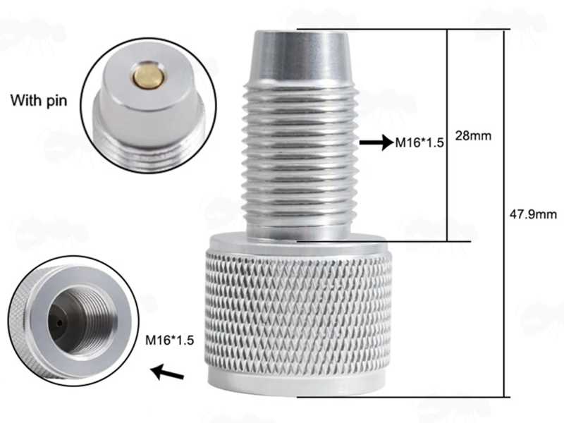 Dimensions of The Silver 88g Co2 Capsule to M16x1.5mm Thread Adapters for AirSource Airguns
