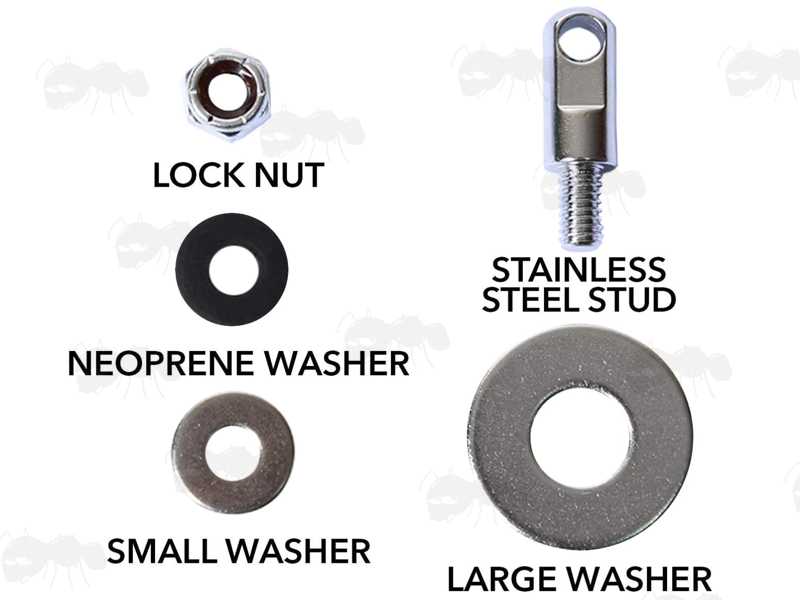 Parts of The DIY Locking Stud Kit for Ammunition Boxes