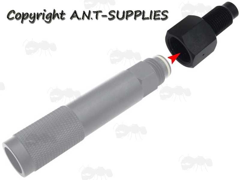 Paintball Co2 Tank to M16x1.5mm Thread Adapter for AirSource Airguns, Shown with The 12g CO2 Tube to HPA Adapter