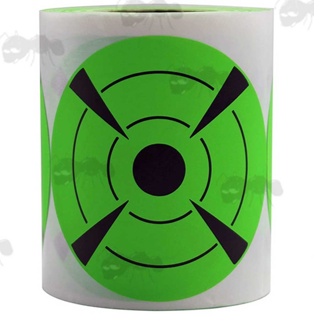 Roll of 125 Circular Self Adhesive Reactive Green and Black Paper Shooting Target with Cross and Circle Bullseye
