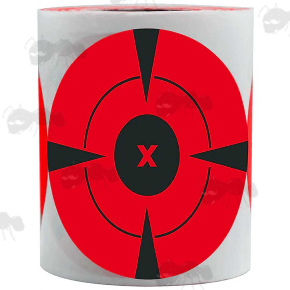 Roll of 125 Circular Self Adhesive Reactive Red and Black Paper Shooting Target with Cross and Circle Bullseye