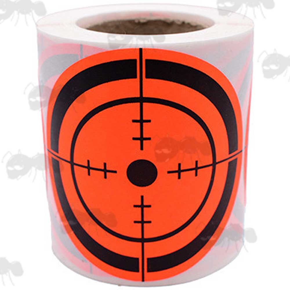Roll of 100 Circular Self Adhesive Reactive Red and Black Crosshair Paper Shooting Target with Full Circle Bullseye