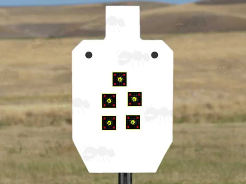 Five Square Self Adhesive Reactive Yellow Grid on Black Paper Shooting Target with Five Red Full Circle Bullseyes, Stuck on a Target