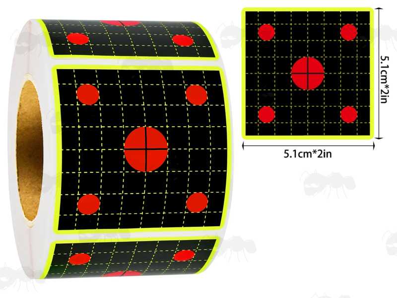 Roll of 200 Square Self Adhesive Reactive Yellow Grid on Black Paper Shooting Target with Five Red Full Circle Bullseyes