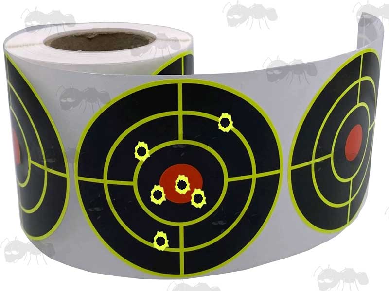 Roll of 200 Circular Self Adhesive Reactive Yellow and Black Paper Shooting Target with Full Circle Bullseye with Six Demo Shots