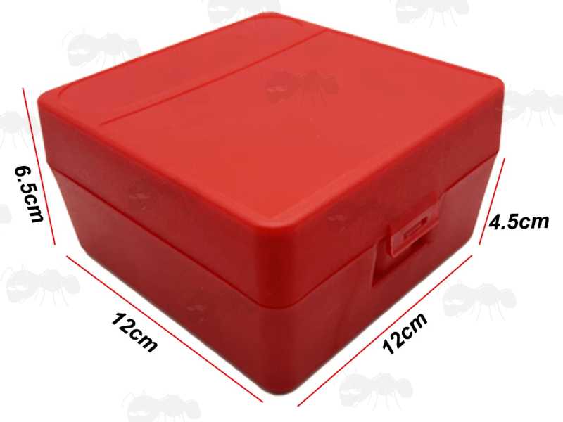 Bright Red Plastic Shotgun Cartridge Box for 25 x 12g Shells, Shown Closed with Dimensions