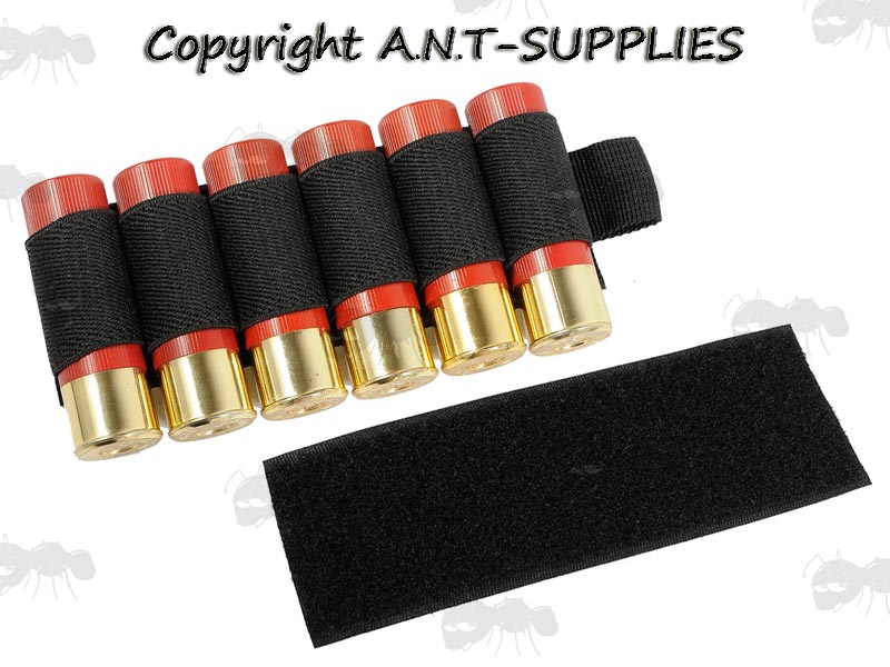 Black Resupply Strip with Six 12 Gauge Shotgun Cartridges