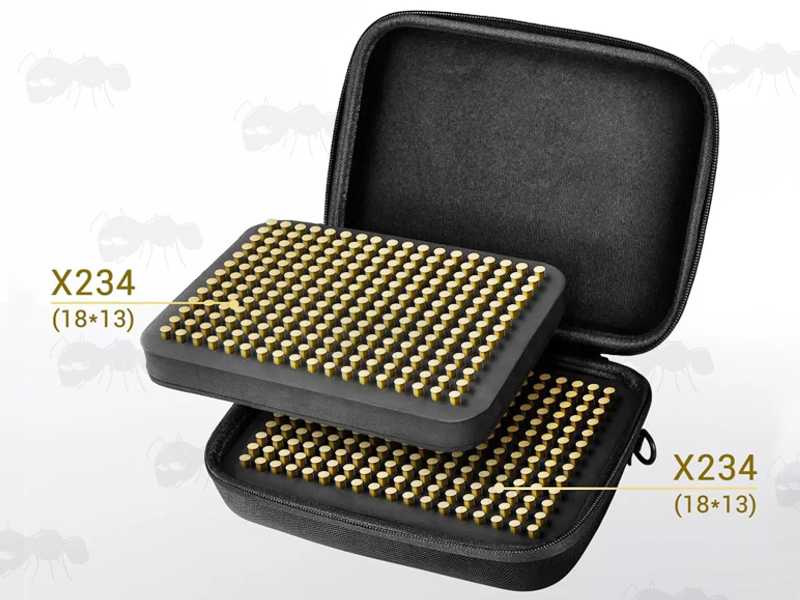 Open View of The Black Canvas Gun Ammo Case with Two Stacked Foam Insert Trays, Each Holding 234 x .22 Calibre Cartridges