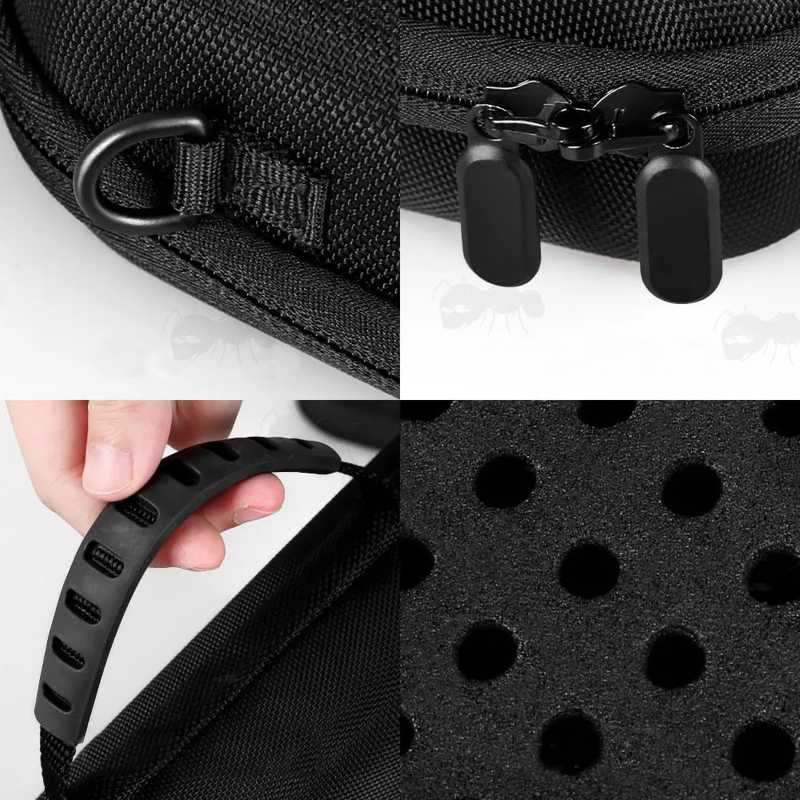 Features on The Open View of The Black Canvas Gun Ammo Case with Foam Insert Trays for 468 x .22 Calibre Cartridges