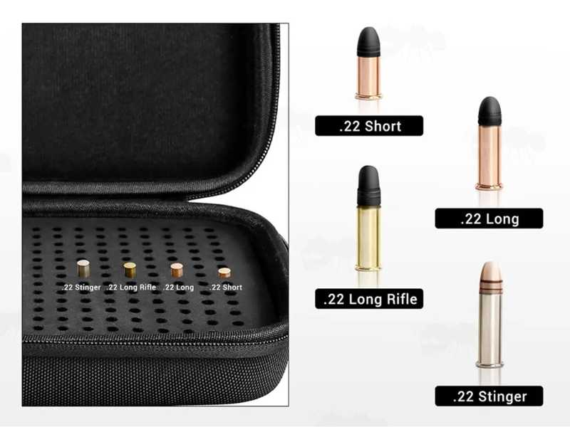Open View of The Black Canvas Gun Ammo Case with Foam Insert Tray with .22 Short, .22 Long, .22 Long Rifle, and .22 Stinger Cartridges