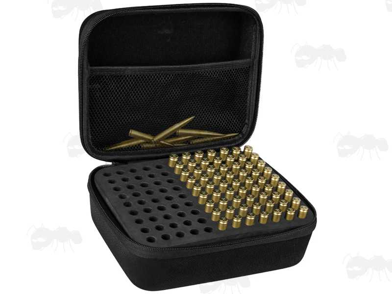 Open View of The Black Canvas Gun Ammo Case with Foam Insert Tray for 140 x .223 Calibre Cartridges