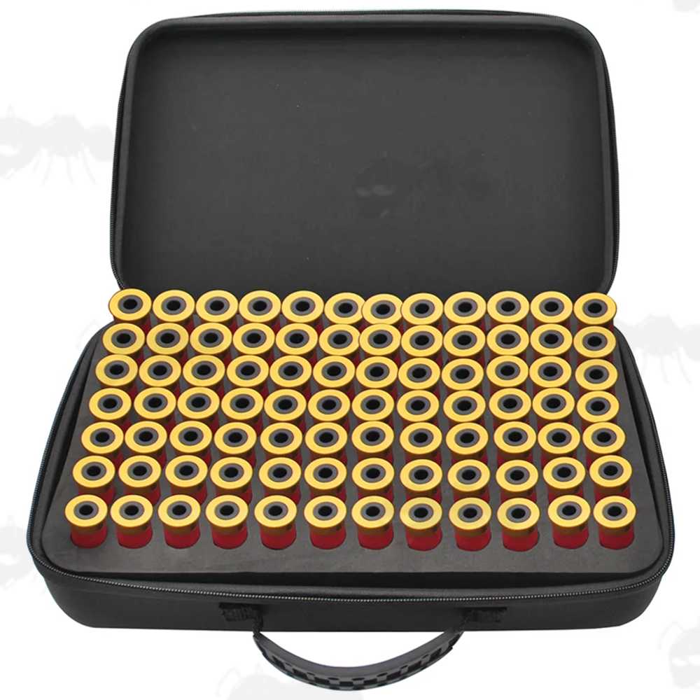Open View of The Black Canvas Gun Ammo Case with Foam Insert Tray for Eighty-Four 10/12/16 Gauge Shotgun Cartridges