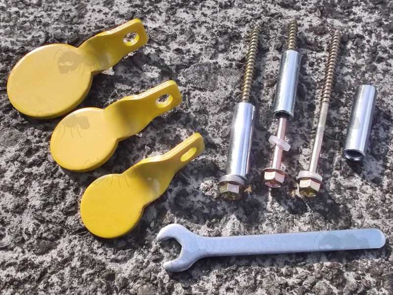 25mm, 30mm and 40mm Diameter Stainless Steel Yellow Spinning Disc Targets with Hex Head Screws and Spacers