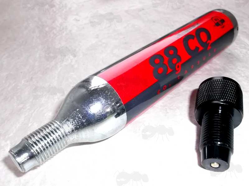 Large 88g Umarex Co2 Capsule with M16x1.5mm Threaded Fitting End, with One Way Air Saver Valve Adapter