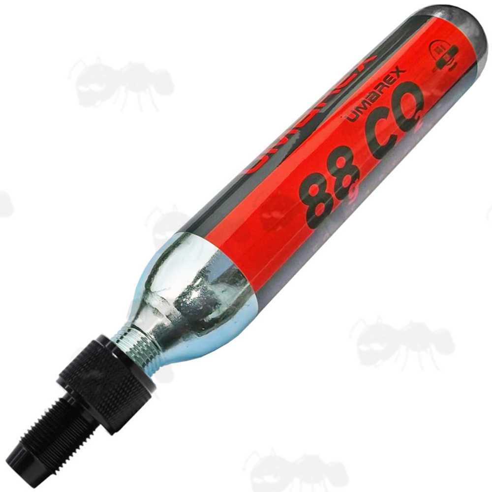 Large 88g Umarex Co2 Capsule with M16x1.5mm Threaded Fitting End, with One Way Air Saver Valve Adapter Fitted