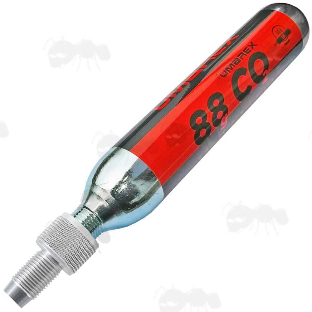 Large 88g Umarex Co2 Capsule with M16x1.5mm Threaded Fitting End, with a Silver Coloured One Way Air Saver Valve Adapter Fitted
