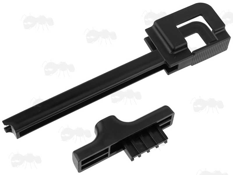 All Black Polymer Rifle Magazine Speed Loader, Shown in it's Two Parts