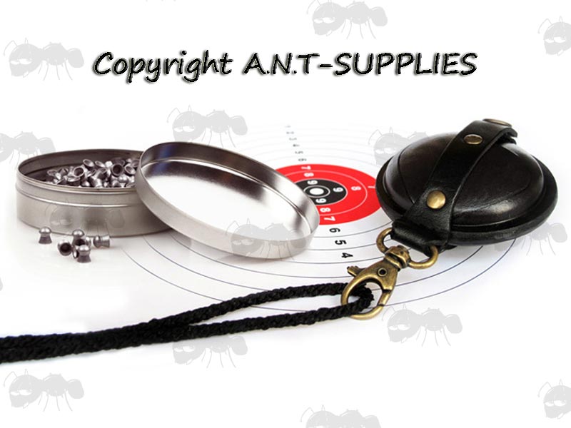 Black Leather Medium Size Airgun Pellet Pouch for 100 x .22 Pellets, Shown With Pellets In Tin and Target